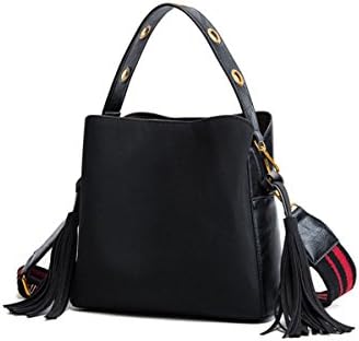 Women's Leather Handbags Brown Black Tassel Mini Bag 2018 New Tide Wideband Bucket Bag Wild Shoulder Messenger Bag,Black-OneSize