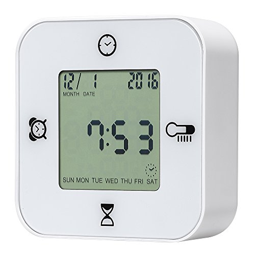 VLike 4 in eins wecker temperatur uhr 4 in 1 Funktion Wecker Digital mit der Zeit, Kalender/Timer/Temperatur/Alarm-Zähler, Ausstellung im Winkel 4, funktioniert mit Batterie, einfache Befestigung Uhren (Batterie nicht inkl.) (Weiß)