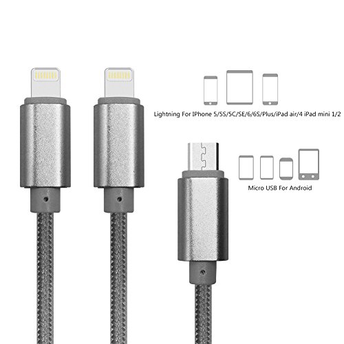 USB Ladekabel, 3 in 1 Multifunktions -Durable Geflochtene Micro-USB-Ladekabel Kabel / für iPhone 5 5C 5S 6 7Plus / für Android-Handy( 2 Lightning und 1 Micro-Silber) - 2