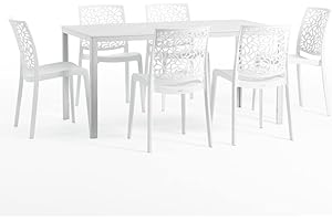 SIEDITI FUORI E DENTRO Set pranzo da giardino o esterno Bianco per 6 persone, tavolo in acciaio verniciato con doghe in polietilene effetto legno, 6 sedie in polipropilene con fibra di vetro - Thomas e Anna