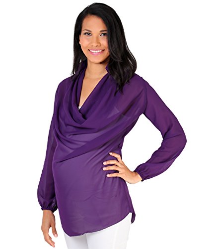 Collared Cowl Neck Chiffon Blouse (M,Purple)