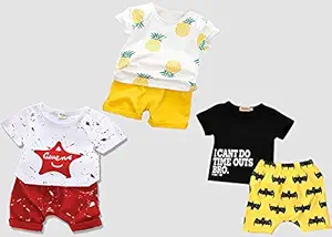 Attis Kids Cotton and Polyester Stylish Half Sleeves Top and Shorts Set - White-Black , 2-3 Years