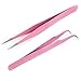 2 PCS Stainless Steel Ingrown Hair Eyebrow Shaping Eyelashes Extension Straight and Curved Tip Tweezers Set Pink