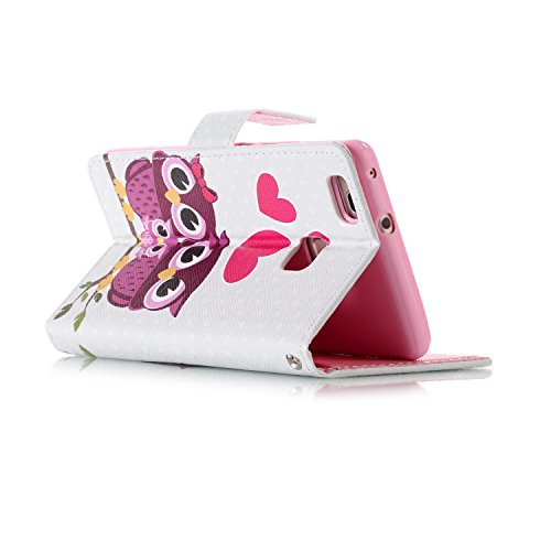 Etsue für Huawei P9 Lite Eulen Rot Liebe Herz Ledertasche Lederhülle Flip Cover Case Muster, Bunte Retro Vintage Painted PU Leder Brieftasche Schutzhülle Tasche Wallet Case Handyhüllen Etui Schale im Bookstyle mit Standfunktion Kredit Kartenfächer für Huawei P9 Lite + 1x Glitzer Staub Stecker + 1x Blau Eingabestift(Funny Owls Love Heart) - 5