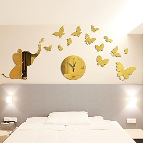 DIY Elephant Butterfly Stickers Acrylic Mirror Wall Clock Silent Non Ticking Home Decor (Gold)