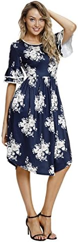 Foryingni Women's Floral Print Bell Sleeve Fit and Flare Summer Casual Midi Dress L Navy