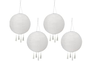 BOMKRA 4PCS Solar Chinese Hanging Garden Lanterns with Tassels IP55 Waterproof Nylon Cloth LED Lights for Garden Patio Yard Weddings Birthdays Parties and Events (White)