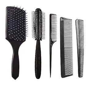 E-DUNIA 5 PCS Of Hair Stylists Professional Best Combo of Black Paddle Hair Brush with Soft Nylon Bristles[1]+Rat Tail comb[1]+Round Comb[1]+Simple Normal Brush[1]+Dressing Comb[1] for women and men