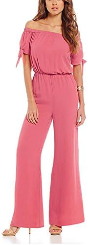 Monissy Womens Short Sleeve Off Shoulder Romper Plain Long Loose Pants Causal Chiffon Jumpsuit