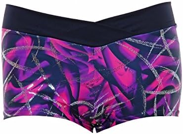 POLEDANCEgear Pole DYNANIX Pole Dancing Hot Pants. Purple and Pink Print Overlaid With a Silver Hologram Foil With a Dipped Waistband In Black Meryl (#P1a)