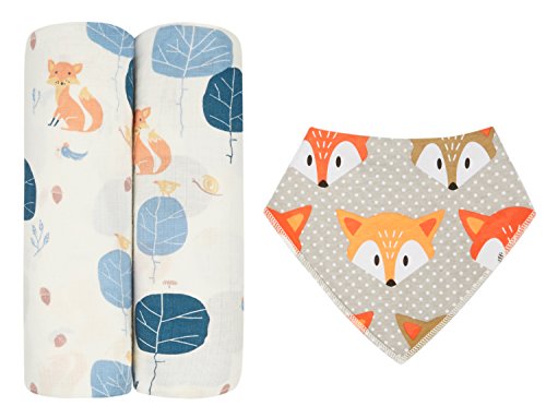 Weiche Bio-Musselin Decke mit aufeinander abgestimmtem, kostenlosen Lätzchen für Neugeborene bis Kleinkinder von Sabai Sabai, 2er Set freundlicher Fuchs (120 cm x 120 cm) - 5