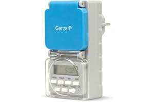 Garza - Zewnętrzny cyfrowy programator czasowy, ochrona IP44, programowanie tygodniowe (8 programów), tryb losowy, gniazdo z zabezpieczeniem, szary i niebieski