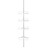 SONGMICS Duş Rafı, 85 &ndash; 305 cm Y&uuml;ksekliği Ayarlanabilir, 4 Tepsili Banyo Rafı, Duş K&ouml;şesi, Delme Gerektirmez, Beyaz Bcb001A