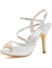 Elegantpark HP1805I Mujeres Peep Toe Plataforma Sandalias de Tacón Alto Correas de Diamantes de Imitación Hebilla de Satén Boda Zapatos de Novia