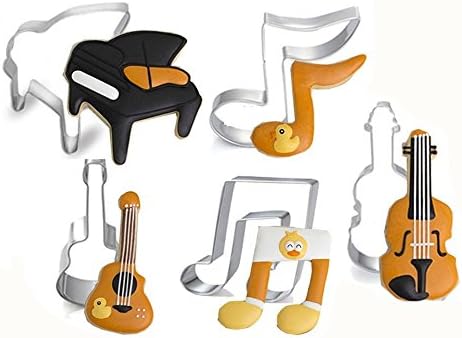 Music Stainless Steel Music Cookie Cutter Set with 6 Pieces of Cookie Press Biscuit Mould Including Piano Biscuit Press, Violin Cookie Mould, Musical Notes Biscuit Cutter (Music 5pcs)