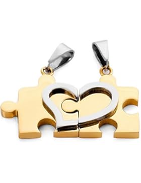 Kim Johanson Pärchen Halsketten für verliebte aus Edelstahl Puzzle mit Herz Gold inkl. Schmuckbeutel