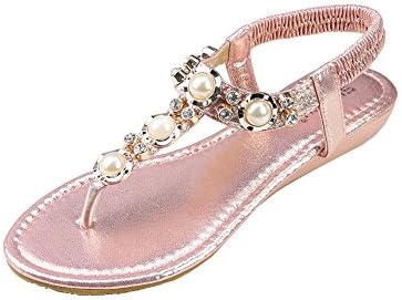 Women's Round Peep Clip Toe Pearl Bead Elastic T-Strap Bohemia Roman Sandals Summer Beach Post Sandals Flip Flops Flat Shoes Thongs