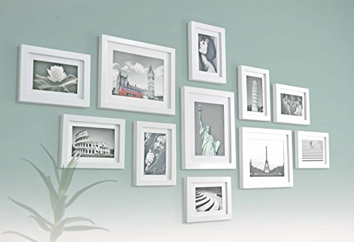 Bilderrahmen Set aus Echtholz mit Glasscheibe – 11er Set Fotorahmen Kollage – 135x70cm – Weiß – enthält Passepartout – Rahmenbreite 2cm! - 3