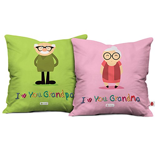Indigifts Micro Satin Fibre I Love You Grandma Grandpa Cushion Covers with Filler (Multicolour, 12x12 Inches) - Set of 2