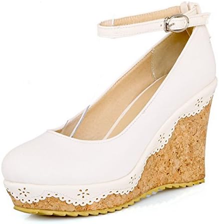 Odomolor Women's Solid Pu High Heels Round Closed Toe Buckle Pumps-Shoes, White, 34