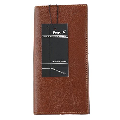 Stepack Brand Men Genuine Leather Long Bifold Wallet Mutli Pocket ID Card Holder (Brown)