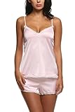 Schmale, anpassbare Träger EKOUAER Träger Nachthemd Kurz Nachtwäsche Schlafanzüge Sexy Damen Negligee Wäsche-Set aus Satin Pyjama Rosa M