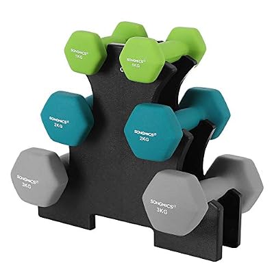 SONGMICS Set haltère, 3 Paires, 2x1 kg 2x2 kg 2x3 kg, Rack de Rangement Offert, Salle de Sport, Musculation, Entraînement, Revêtement en néoprène antiglisse, Vert Vif, Turquoise et Gris SYL612GN