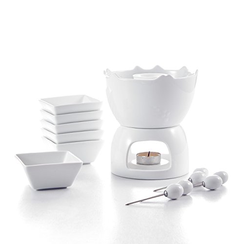 Malacasa, Serie Favor, 14-teilig Porzellan Schokofondue Set Fondueset Porzellan Schokoladenfondue Fonduetopf mit 6 Fondue Schälchen 6 Fonduegabeln für 6 Personen - 2