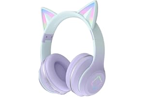 Usoun Kids Headphones,Cat Ear Led Light Bluetooth Kids Headphones with Mic,Girls Headphone Wireless,TF Card,3.5mm Audio,Wireless/Wired Foldable Kid On Ear Headphone for Boys Girls Adults (Purple)