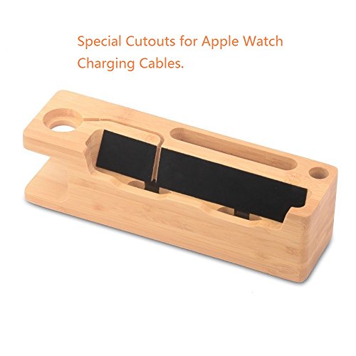 Apple Watch Ständer, WOWO Bambus Holz Ladestation iWatch Halterung Handyhalter Dockingstation Cradle Halter für Apple Watch 38mm 42mm Sport Edition und iPhone7 7 plus SE 6s 6s plus 6 6 Plus 5S - 6