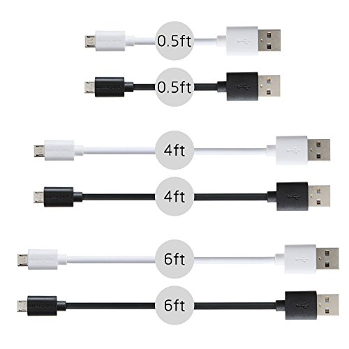 CableCreation 6 Pack Premium Micro USB Cable Set, Assorted Lengths (0.5ft,4ft,6ft) & Assorted Colors (White & Black), High Speed USB 2.0 A Male to Micro USB B Male Sync Charge Cables, White+Black - 3