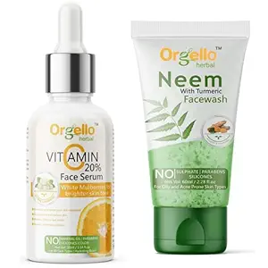 Orgello Herbal Vitamin C Face Serum For Glowing Skin | 30 ml | + Neem Turmeric Face Wash | 60 ml | Men Women Boys Girl | All Skin Types | Pack of 2