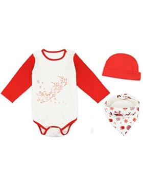FydRise 3tlg Baby Jungen Mädchen Langarm Body Weihnachten Bekleidung Set mit Dreieckstuch Mützen Baumwolle Strampler...