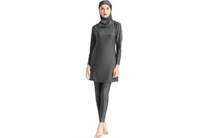 IWEMEK Full Body Burkini Swimsuits for Women Modest Muslim Swimwear Solid Long Sleeve Bathing Suits Swim Top + Pants + Hijab 3PCS Islamic Swimming Suit Mid East Arabic Beachwear