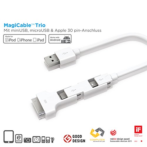 Innergie MagiCable Trio – das universelle Lade- und Sync-Kabel mit Mini USB + Mikro USB und 30pin Apple-Anschluss, Patentiertes und von Apple zertifiziertes Kabel, ausgezeichnet mit vielen Design & Innovationspreisen, Red.Dot & IF Award - 3