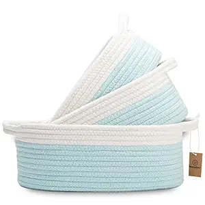 NaturalCozy 3-Piece Cotton Rope Baskets with Handles - 100% Natural Cotton! Oval Woven Storage Basket Set, Toy Basket, Small Soft Baby Nursery Baskets, Cat Dog Toy Baskets, Gift (Off White & Turquoise)