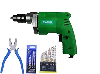 CAMEL BRAND 10mm Electric Drill Machine with 13Pcs Metal/Wood Drill Bit & 5Pcs Wall bit & 1Pc Piler (copper motor)