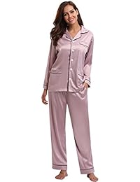 Aibrou Pijamas Mujer Set de Satén, Camisones Mujer de Mangas y Pantalones Largos, Ropa Interior Elegantes para Primavera,Verano,Otoño,Invierno