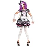Includes a black, white and pink dress with a tulle underskirt and faux apron, headband with attached hair bow, white arm warmers and matching footless tights and a half-face mask