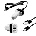 Produktbild Micro USB KFZ Ladekabel mit 2.1A 2.0A 1.0A 3-fach USB Ladeadapter car charger 12V Auto Ladegerät für Zigarettenanzünder mit Nylonummantelung für Handys Smartphones Tablets, bspw. für Samsung Galaxy, Oneplus, Sony Xperia, LG, Nexus, HTC in Schwarz
