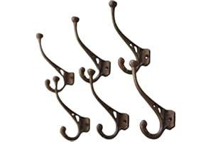 Homezone® 6pc Strong Antique Rustic Brown Cast Iron Wall Mounted Scroll Coat Hooks - Robust Metal Shed Garage and Hallway Hooks - Ideal for Tools/Coats/Overalls