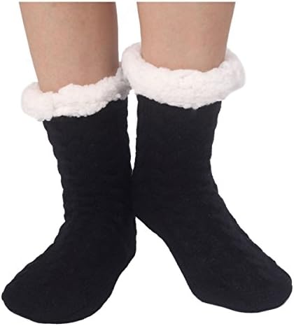 Haked Women's Super Soft Warm Cozy Fuzzy Fleece-lined Winter Knee Highs Slipper Socks (02 Black)