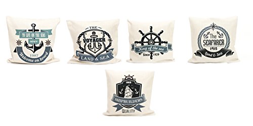 Kissenbezug Elliot 40x40cm Kissenhülle maritim Welcome on Board 1987 Anker Sommer Leinen Leinenoptik Dekokissen - 3