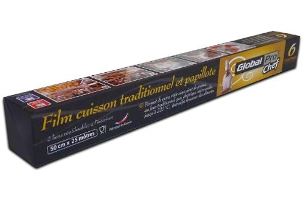Film de cuisson GLOBAL PLASTICS 50 cm x 25 m avec liens silicone, mandrin Ø 38mm, jusqu'à 220°C, conforme à la directive 2002/72/EC