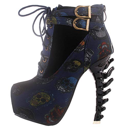 Show Story Hebilla Calavera Azul de Encaje de Alta Hueso Superior Plataforma Botines de Tacon Alto,LF40601BL36,36,Skull Blue