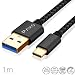 Produktbild 1m Nylon USB 3.0 Typ C Kabel schwarz, USB auf USB Typ C Ladekabel, Datenkabel, Goldstecker, geflochtenes Kabel (Braided)