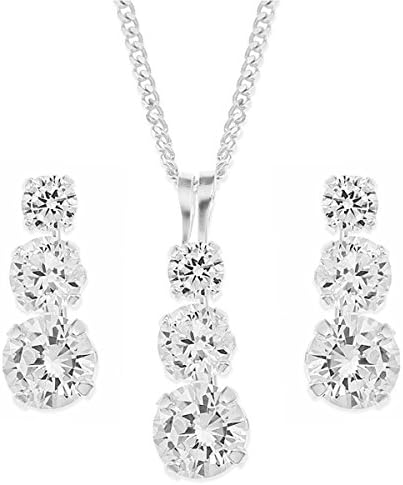 GoldLinks Sterling Silver 925 Trilogy 3 Stone Cubic Zirconia Pendant and Earring Set Including Gift Box | Bright Sparkling Set Including 46cm Sterling Silver Chain,