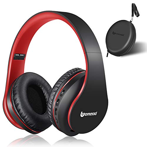 Wireless Bluetooth Over Ear Headphones, Uomeod Foldable Wireless and Wired Stereo Headset with Built-in Mic, Micro SD/TF, FM Radio, Soft Earmuffs & Light Weight for Cell Phone PC TV Travel (Black-Red)