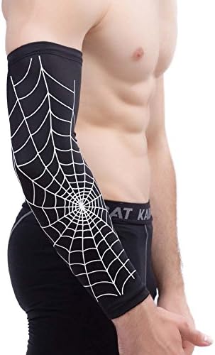 UKGOOD Spider Web Arm Sleeves Compression Basketball Tennis Shooter Sleeve Lengthen Non-skid Arm Elbow Guard Protector Pads Support Brace for Running Baseball Volleyball Cycling Hiking Arm Warmer Sun UV Cool Protection (M, White)