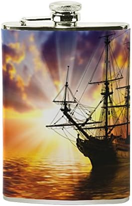 Jeansame Personalized Hip Drink Flasks Stainless Steel 8 oz for Men Women Mediterranean Sea Ocean Oil Painting Vintage Sunset Beach Ship Boat